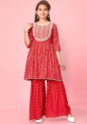 Orange Embroidered Cotton Kurta Set For Girls