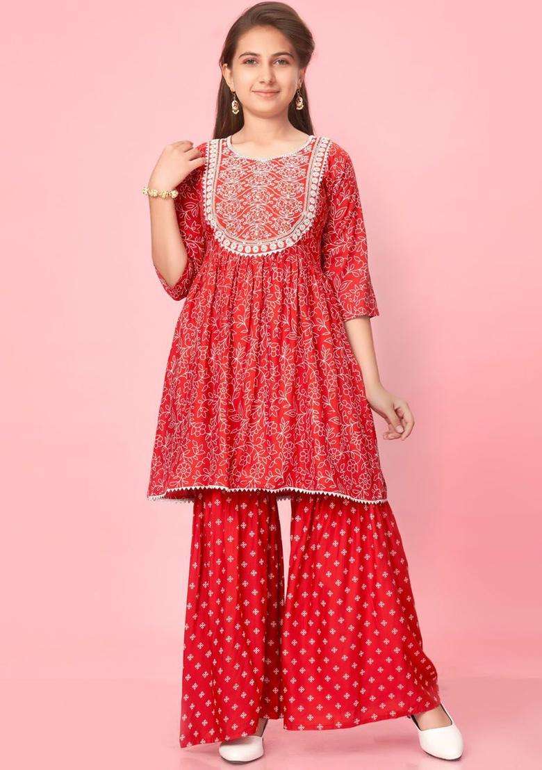 Orange Embroidered Cotton Kurta Set For Girls - Indya