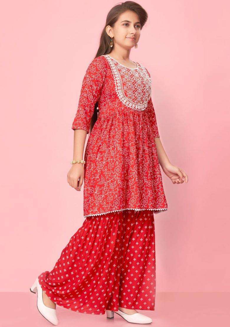 Orange Embroidered Cotton Kurta Set For Girls - Indya