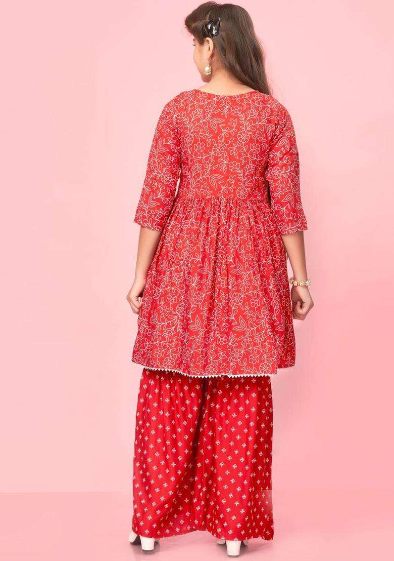 Orange Embroidered Cotton Kurta Set For Girls - Indya