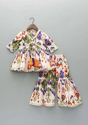 Off White Printed Polyester Kurta Set For Girls