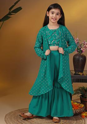 Green Embroidered Georgette Kurta Set For Girls