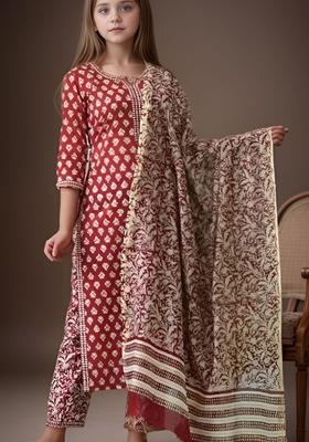 Red Printed Cotton Kurta Set For Girls