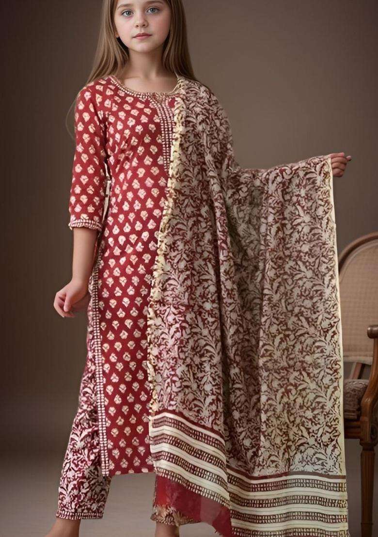 Red Printed Cotton Kurta Set For Girls - Indya