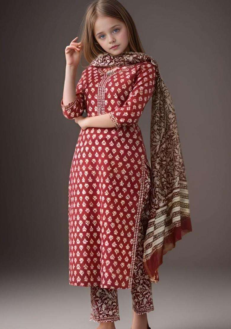Red Printed Cotton Kurta Set For Girls - Indya