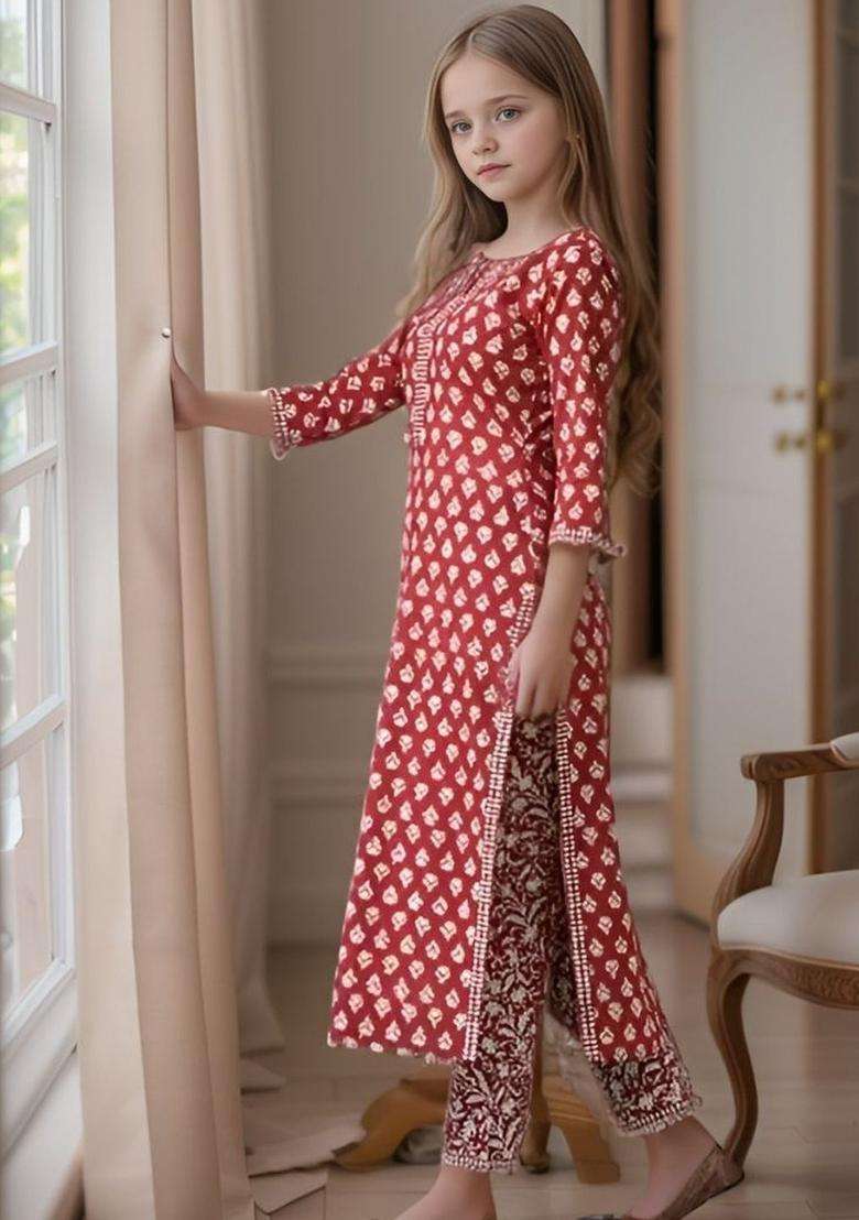 Red Printed Cotton Kurta Set For Girls - Indya
