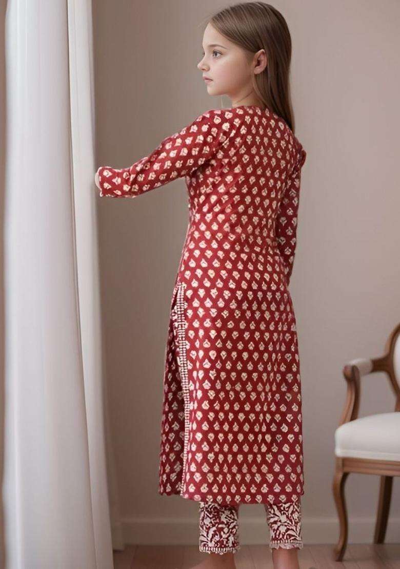 Red Printed Cotton Kurta Set For Girls - Indya