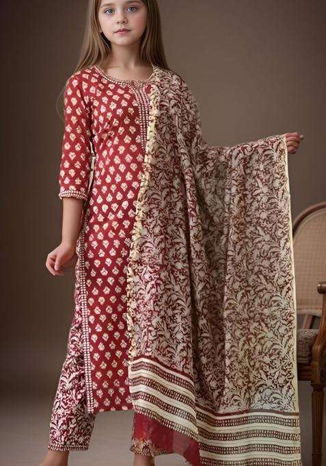 Red Printed Cotton Kurta Set For Girls