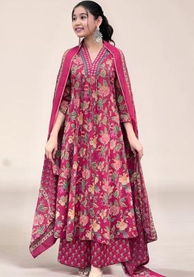 Pink Printed Silk Kurta Set For Girls