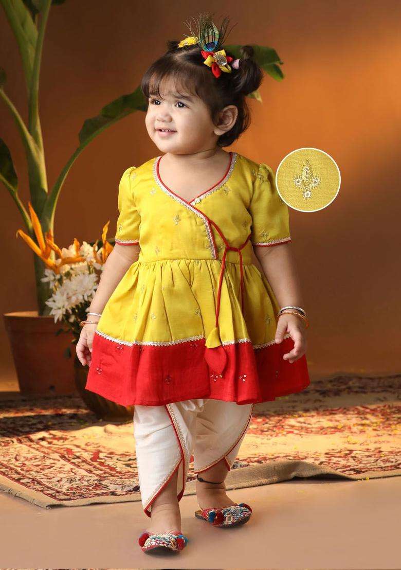Yellow Embroidered Silk Kurta Set For Girls - Indya