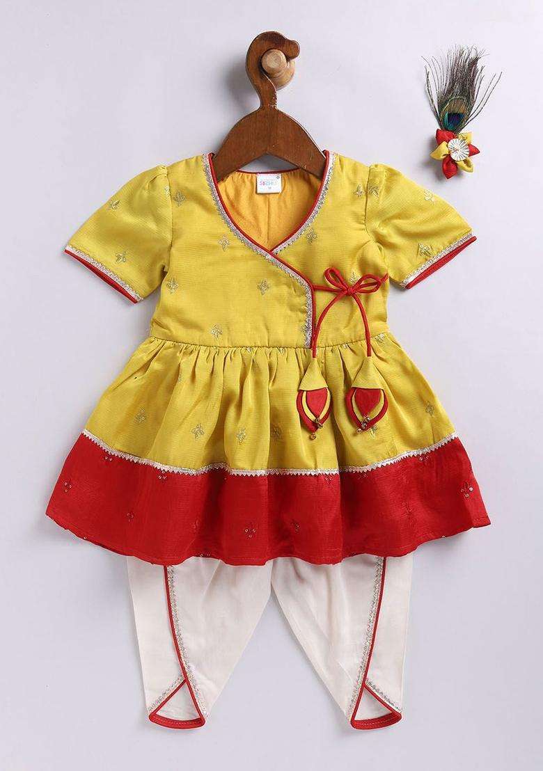 Yellow Embroidered Silk Kurta Set For Girls - Indya