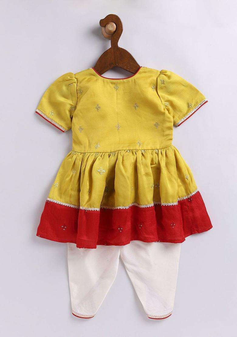 Yellow Embroidered Silk Kurta Set For Girls - Indya