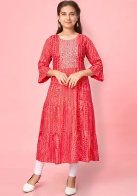 Red Printed Cotton Kurta Set For Girls