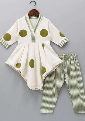 Green Printed Cotton Kurta Set For Girls