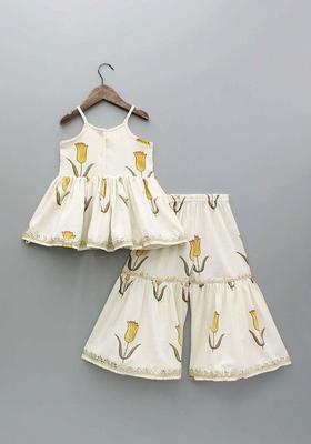 Off White Printed Polyester Kurta Set For Girls