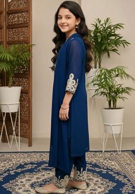 Navy Blue Embroidered Georgette Kurta Set For Girls
