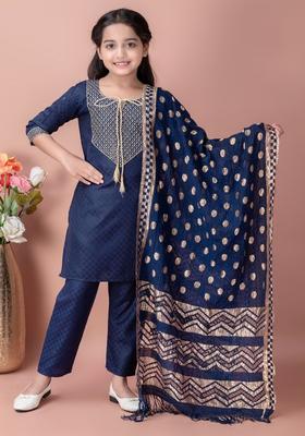 Navy Blue Embroidered Cotton Kurta Set For Girls