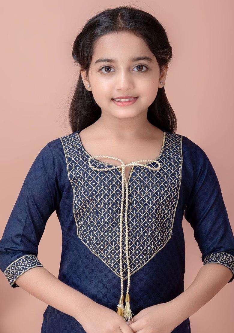 Navy Blue Embroidered Cotton Kurta Set For Girls - Indya