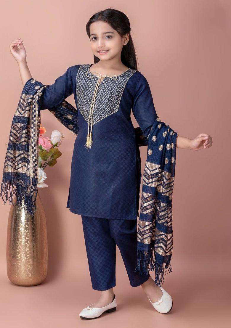 Navy Blue Embroidered Cotton Kurta Set For Girls - Indya