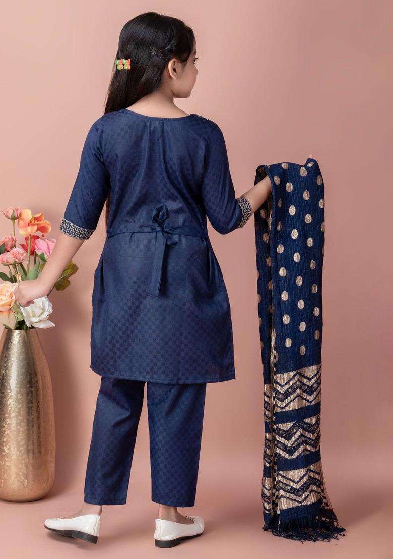 Navy Blue Embroidered Cotton Kurta Set For Girls - Indya