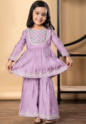 Purple Embroidered Silk Kurta Set For Girls