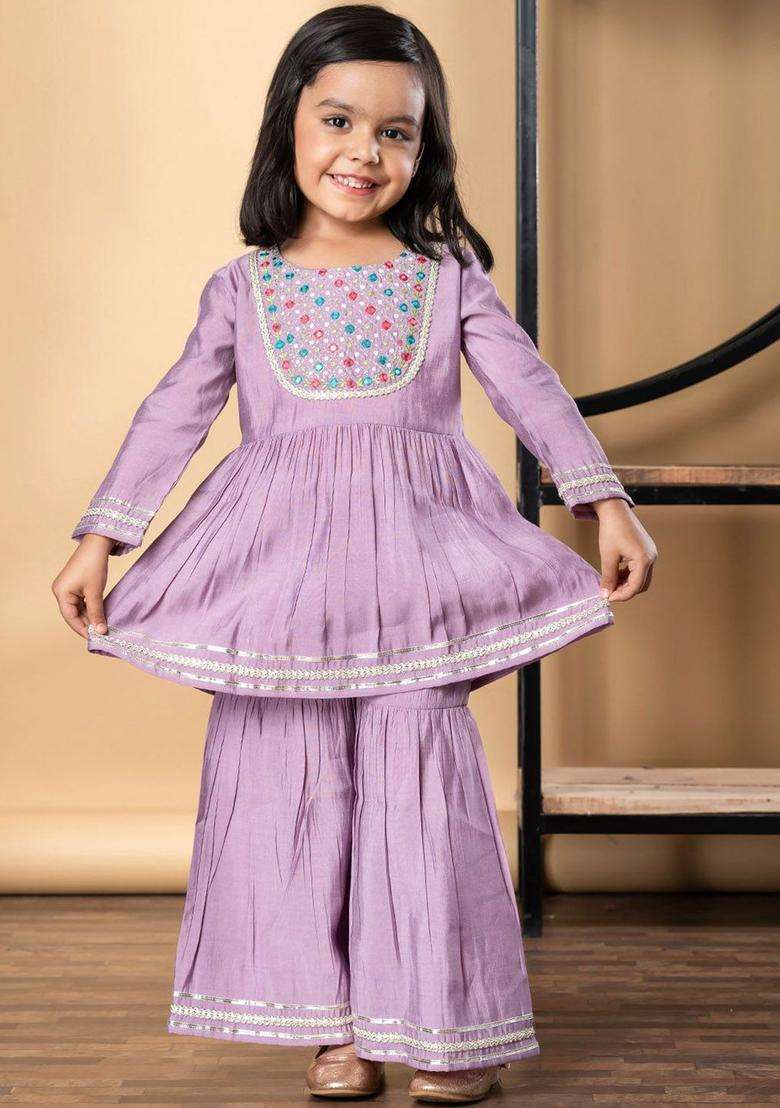 Purple Embroidered Silk Kurta Set For Girls - Indya
