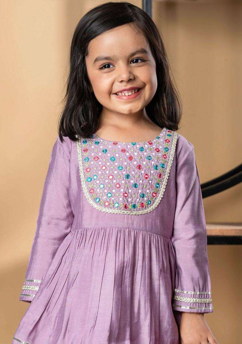 Purple Embroidered Silk Kurta Set For Girls - Indya