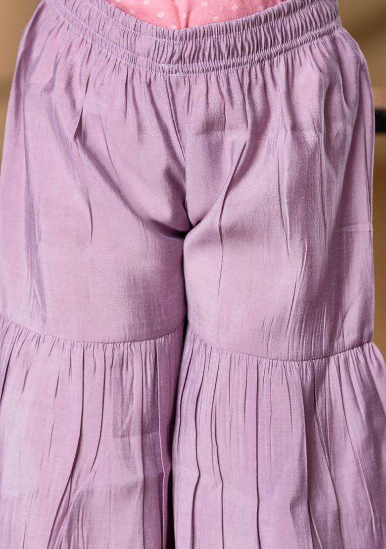 Purple Embroidered Silk Kurta Set For Girls - Indya