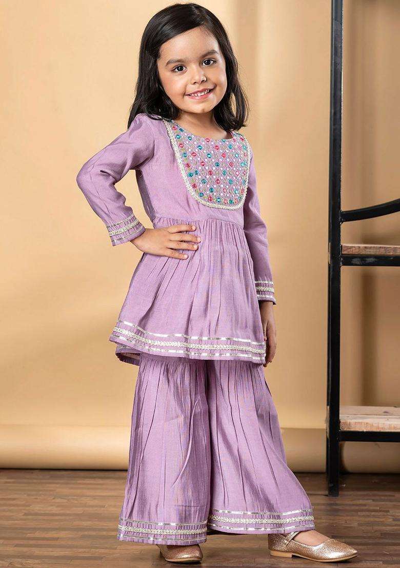 Purple Embroidered Silk Kurta Set For Girls - Indya