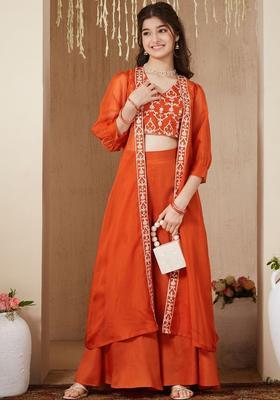 Rust Embroidered Organza Kurta Set For Girls