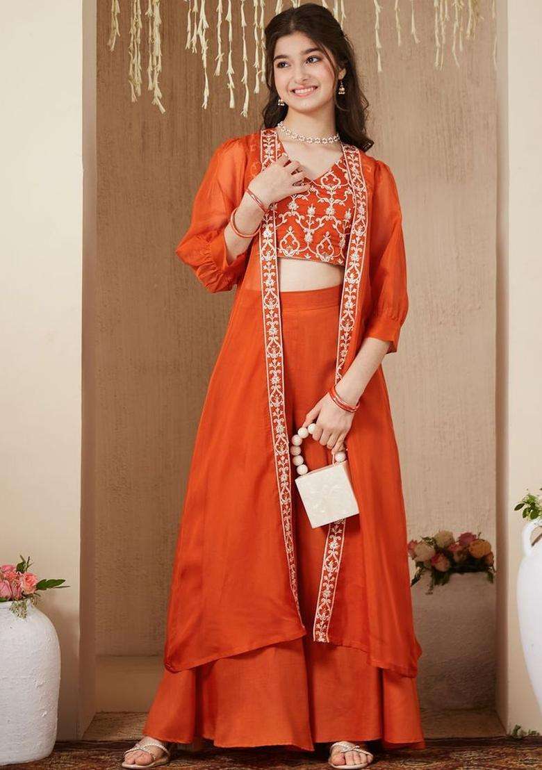 Rust Embroidered Organza Kurta Set For Girls - Indya