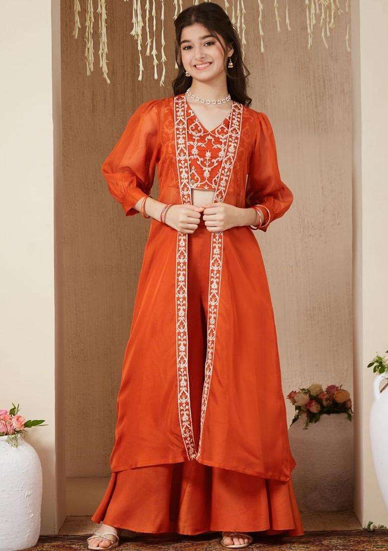 Rust Embroidered Organza Kurta Set For Girls - Indya