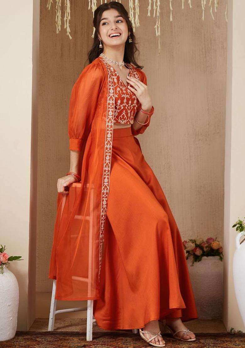 Rust Embroidered Organza Kurta Set For Girls - Indya