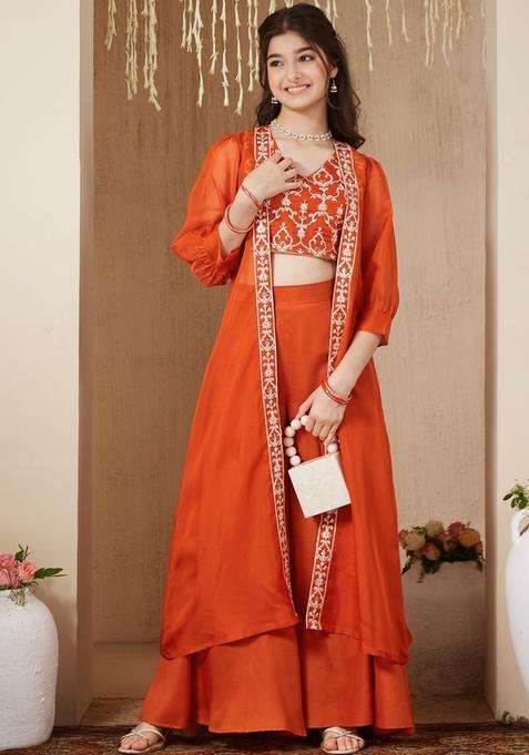 Rust Embroidered Organza Kurta Set For Girls