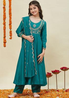 Green Embroidered Silk Kurta Set For Girls
