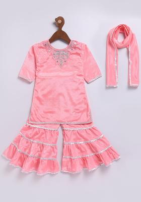 Pink Embroidered Silk Kurta Set For Girls