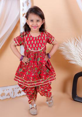 Red Printed Cotton Kurta Set For Girls