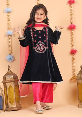 Navy Blue Embroidered Velvet Kurta Set For Girls