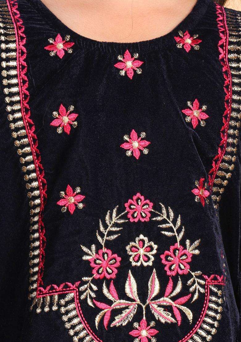 Navy Blue Embroidered Velvet Kurta Set For Girls - Indya
