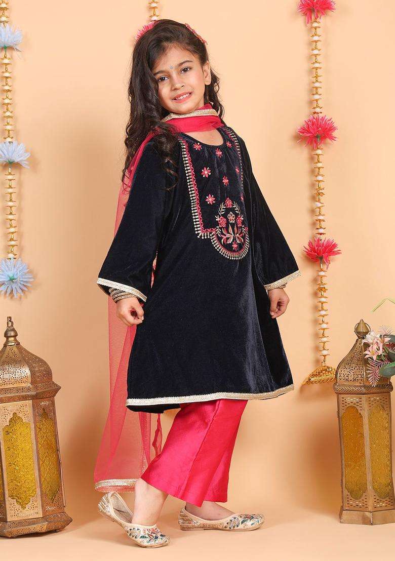 Navy Blue Embroidered Velvet Kurta Set For Girls - Indya