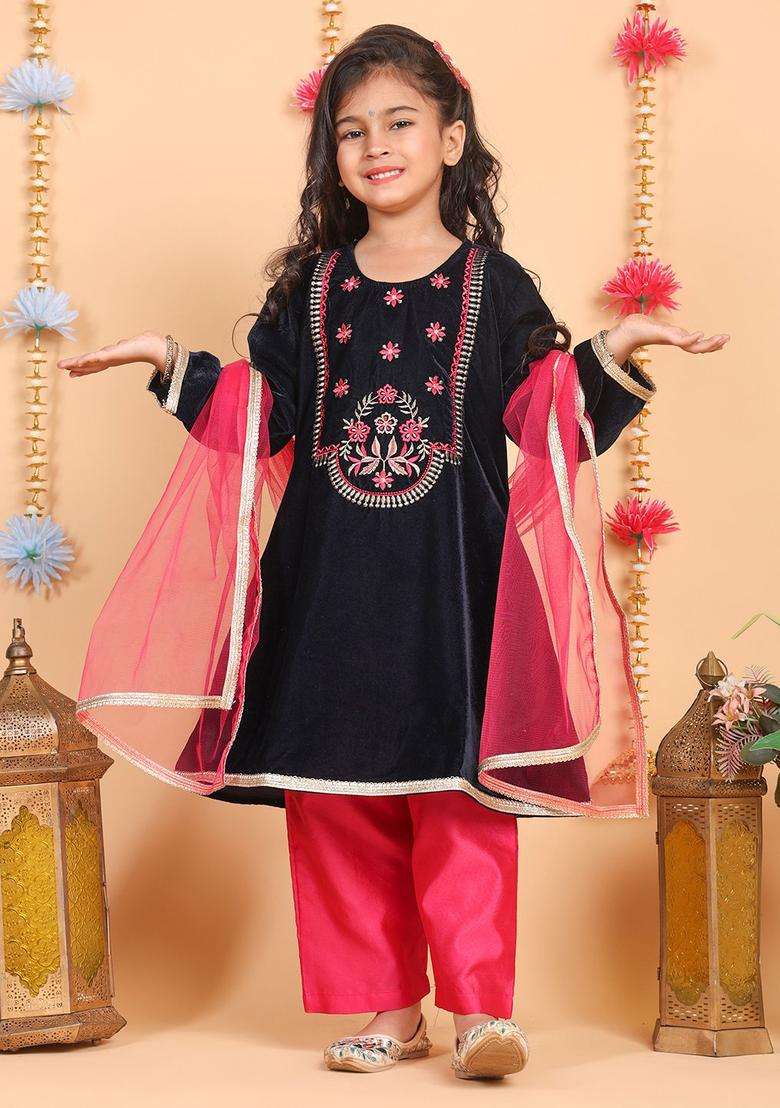 Navy Blue Embroidered Velvet Kurta Set For Girls - Indya