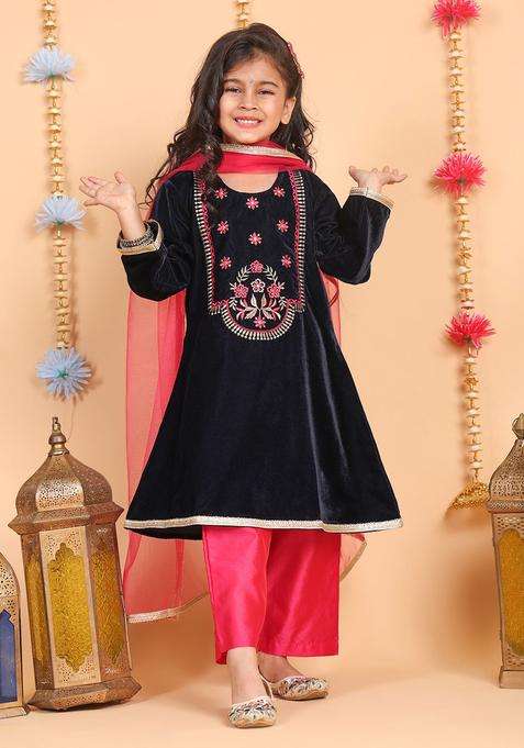 Navy Blue Embroidered Velvet Kurta Set For Girls