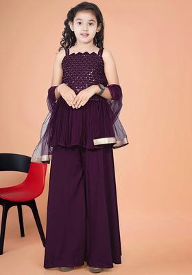 Purple Embroidered Silk Kurta Set For Girls