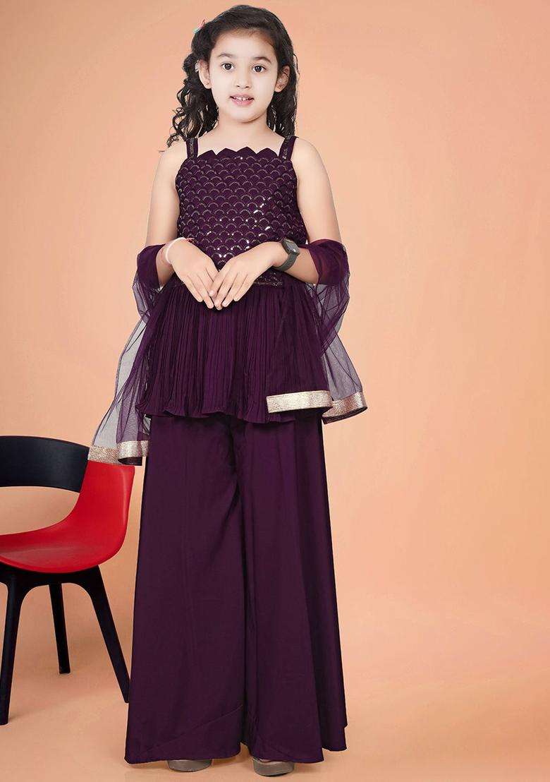 Purple Embroidered Silk Kurta Set For Girls - Indya