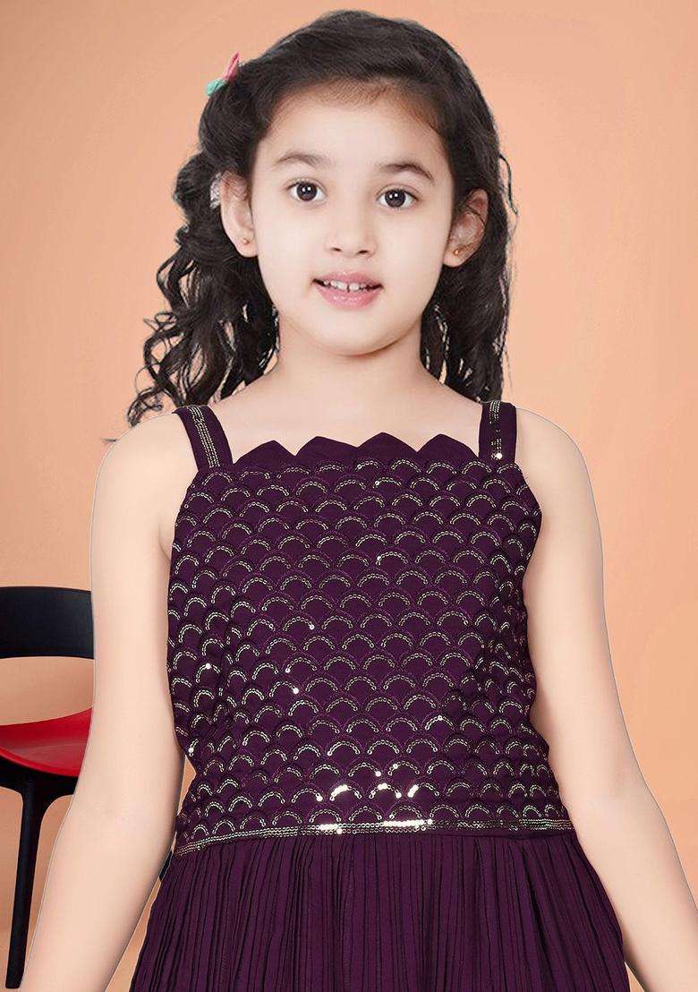 Purple Embroidered Silk Kurta Set For Girls - Indya