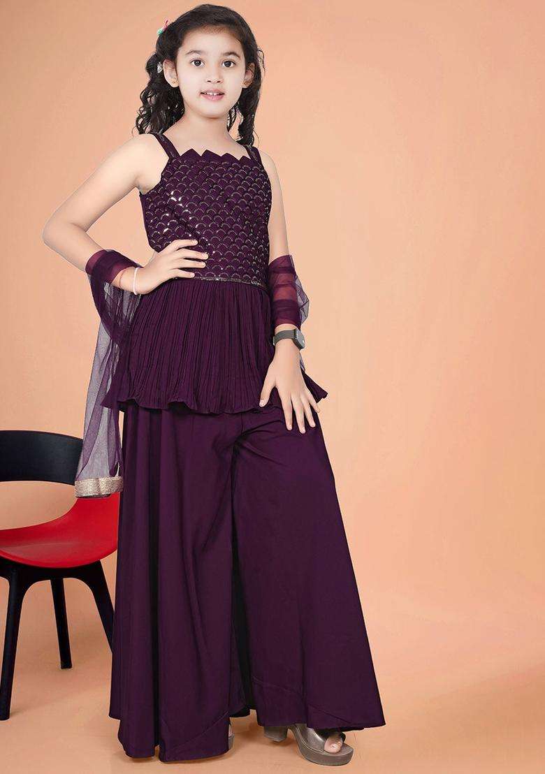 Purple Embroidered Silk Kurta Set For Girls - Indya