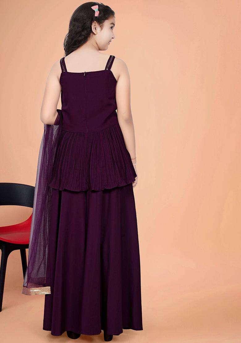 Purple Embroidered Silk Kurta Set For Girls - Indya