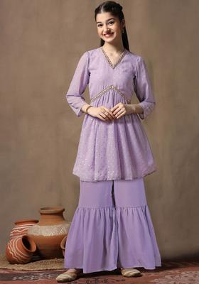 Lavender Printed Georgette Kurta Set For Girls