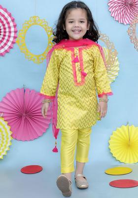 Yellow Printed Silk Kurta Set For Girls