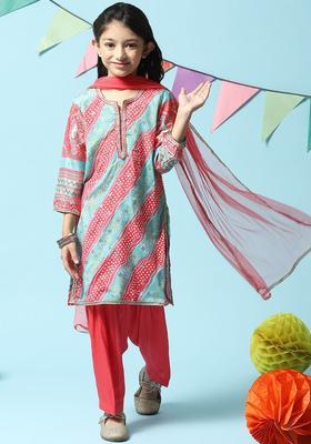Sea Green Printed Chiffon Kurta Set For Girls